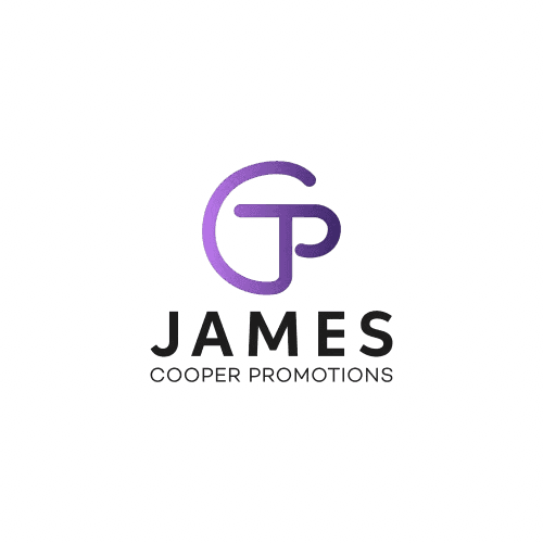 James Cooper Promotions logo with purple 'JCP' monogram on a textured background.